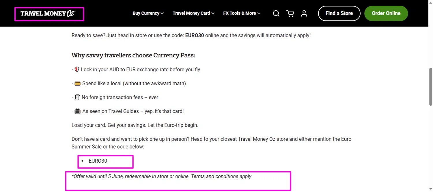 Travel Money Oz discount code screenshot showing code EURO30 applied at Travel Money Oz checkout page. Uploaded by SimplyCodes community member mrdarcy on May 24, 2025