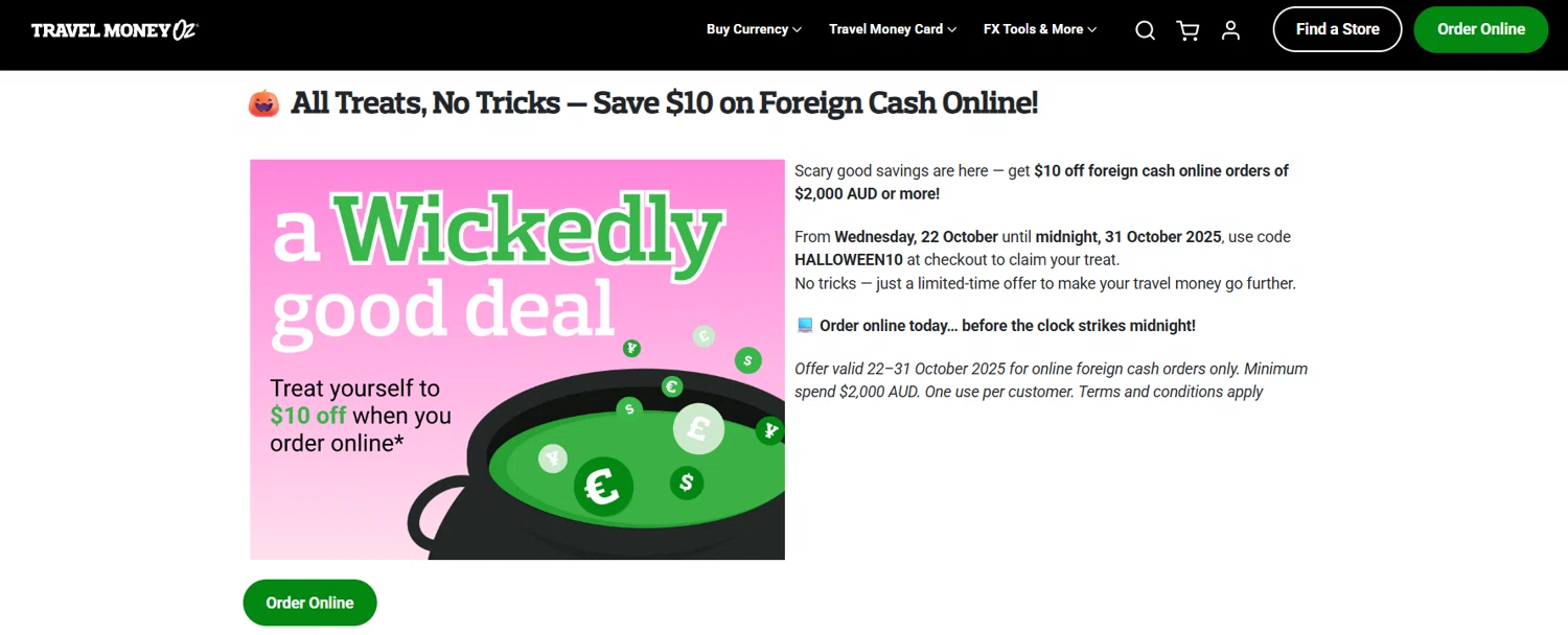 Travel Money Oz discount code screenshot showing code HALLOWEEN10 applied at Travel Money Oz checkout page. Uploaded by SimplyCodes community member jesspea on Oct 22, 2025