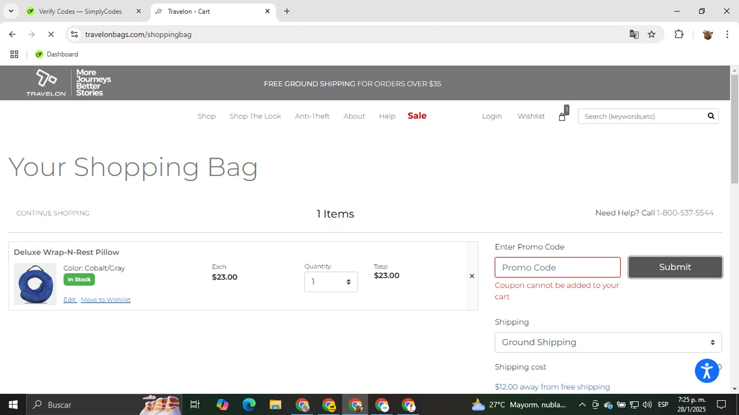 Travelon coupon code screenshot showing code 11333FP applied at Travelon checkout page. Uploaded by SimplyCodes community member ShrewdNavigator7649 on Jan 28, 2025