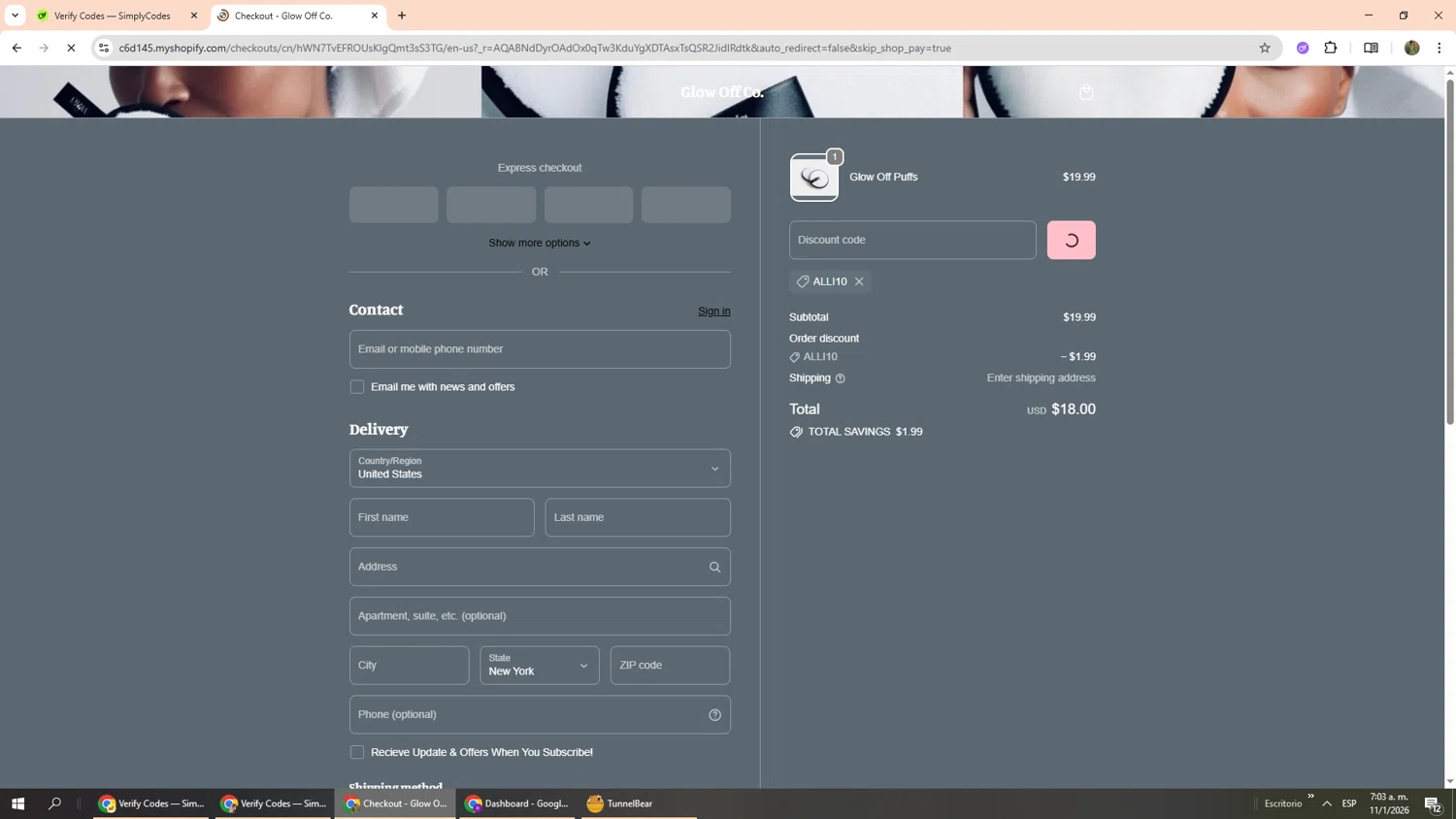 Travelsvault promo code screenshot showing code ALLI10 applied at Travelsvault checkout page. Uploaded by SimplyCodes community member Phoenix585 on Jan 11, 2026