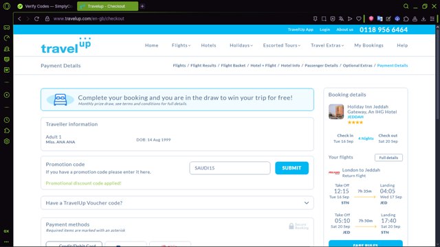 Travelup checkout page showing Travelup promo code box | Screenshot taken by SimplyCodes community member on Sep 5, 2025