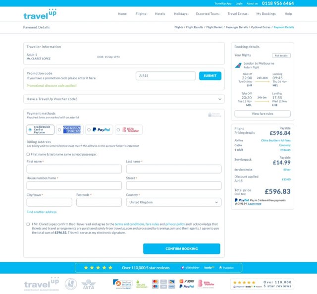 Travelup checkout page showing Travelup promo code box | Screenshot taken by SimplyCodes community member on Jul 23, 2025
