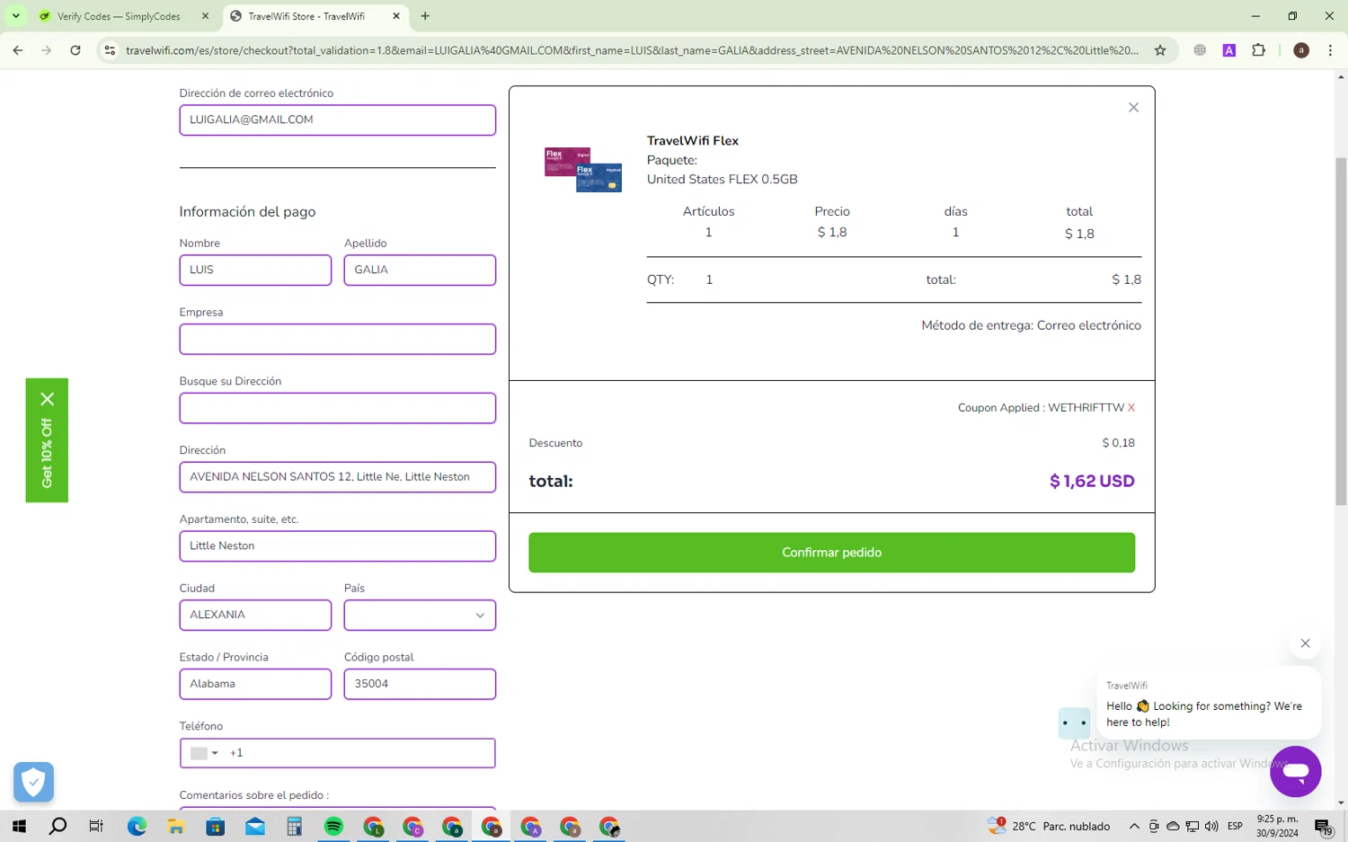 Travelwifi checkout page showing Travelwifi coupon code box | Screenshot taken by SimplyCodes community member on Oct 1, 2024