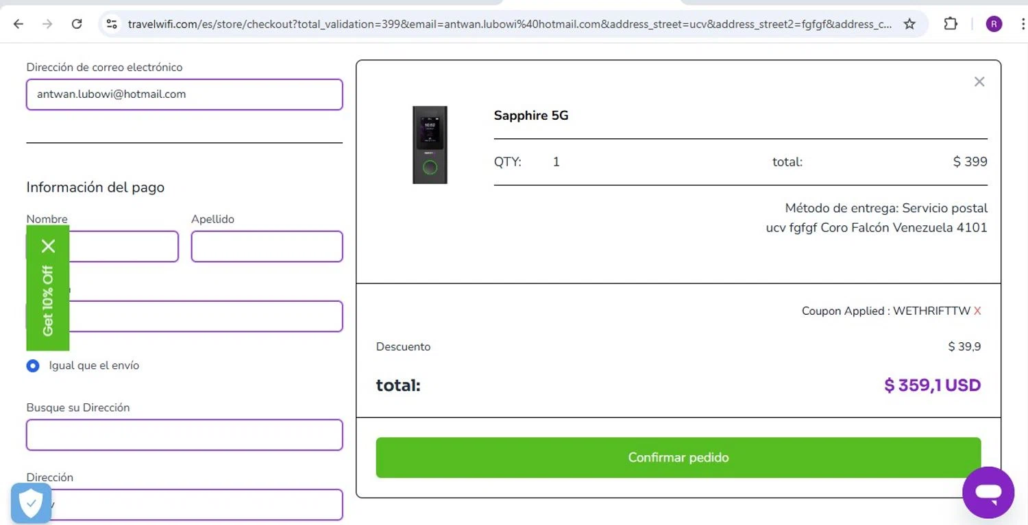 Travelwifi coupon code screenshot showing code WETHRIFTTW applied at Travelwifi checkout page. Uploaded by SimplyCodes community member rapc3030 on Feb 2, 2025