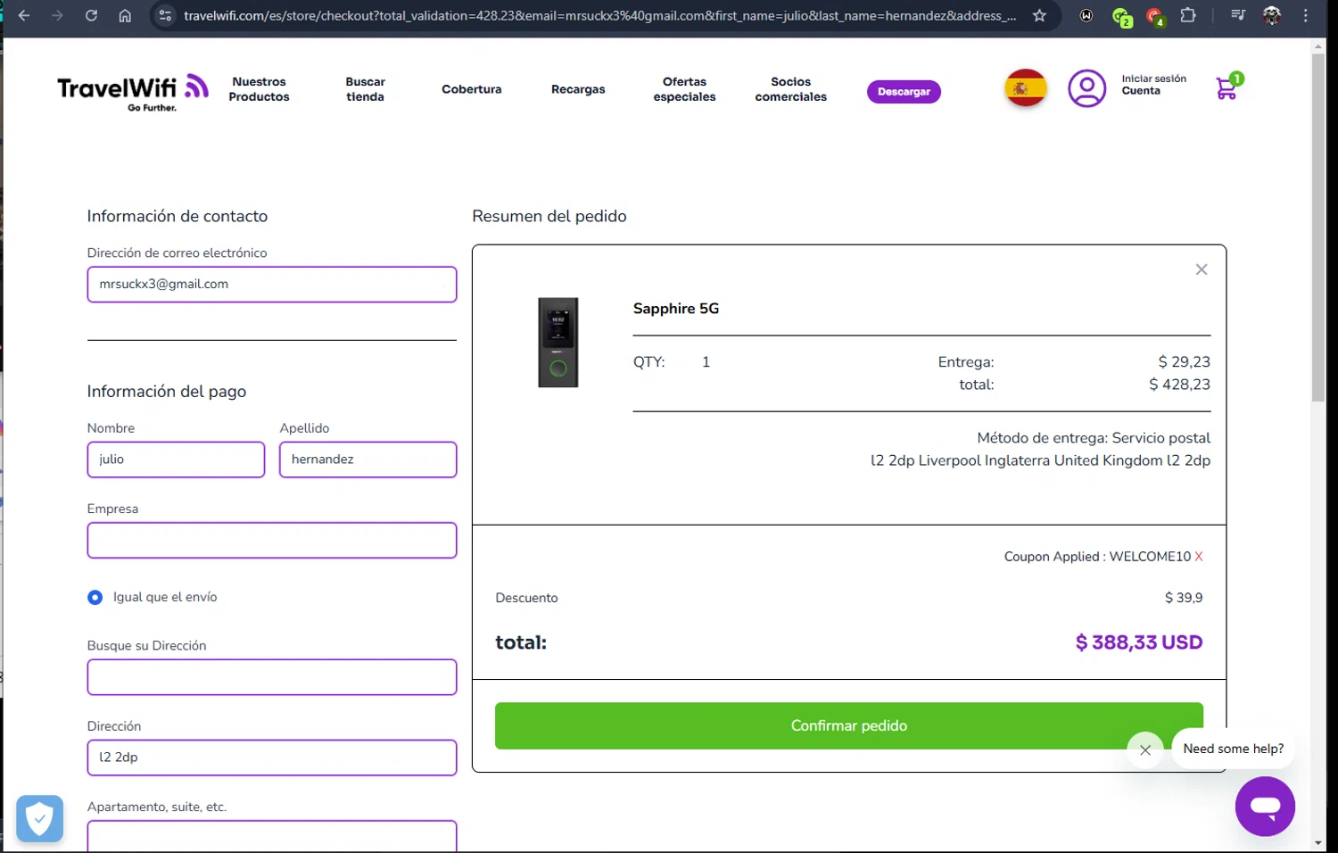 Travelwifi coupon code screenshot showing code WELCOME10 applied at Travelwifi checkout page. Uploaded by SimplyCodes community member Jmhernand1 on Feb 2, 2025