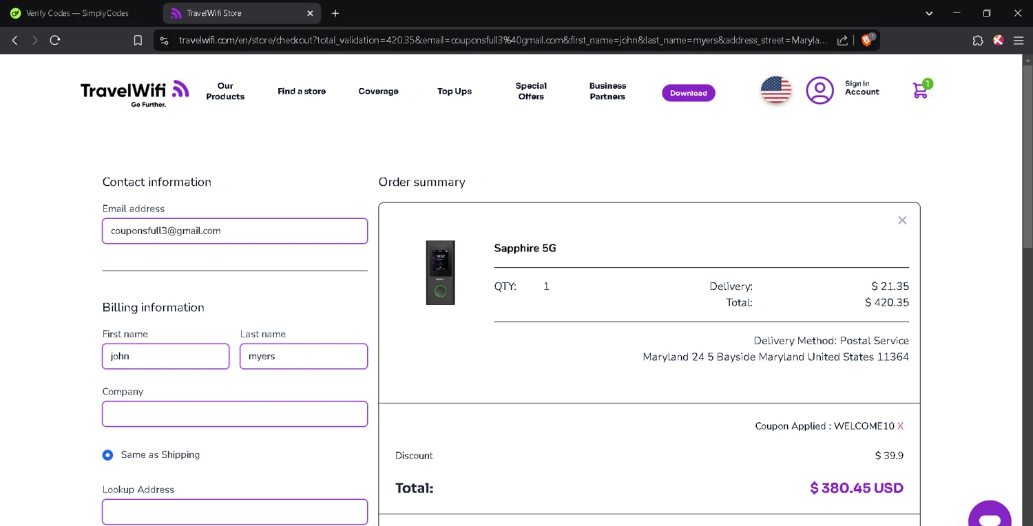 Travelwifi coupon code screenshot showing code WELCOME10 applied at Travelwifi checkout page. Uploaded by SimplyCodes community member JosephStevens774 on Feb 19, 2025