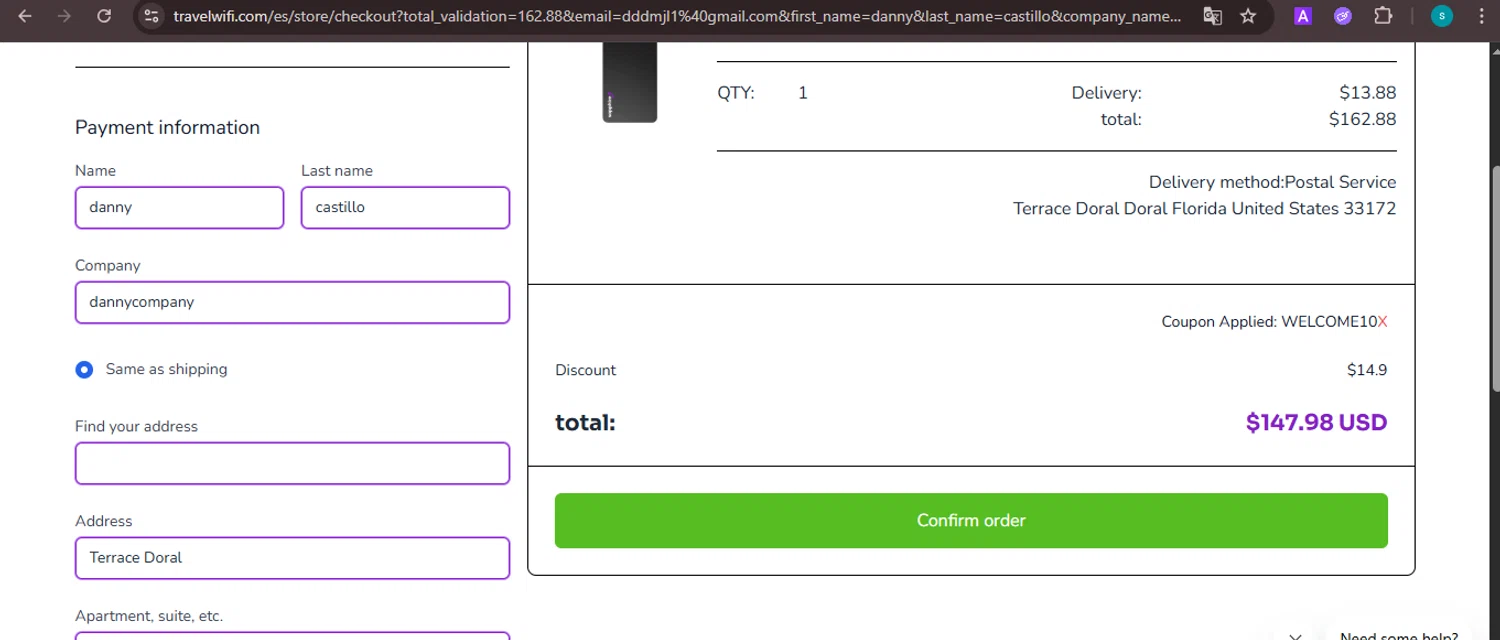 Travelwifi coupon code screenshot showing code WELCOME10 applied at Travelwifi checkout page. Uploaded by SimplyCodes community member ValiantChaser7723 on Sep 6, 2025