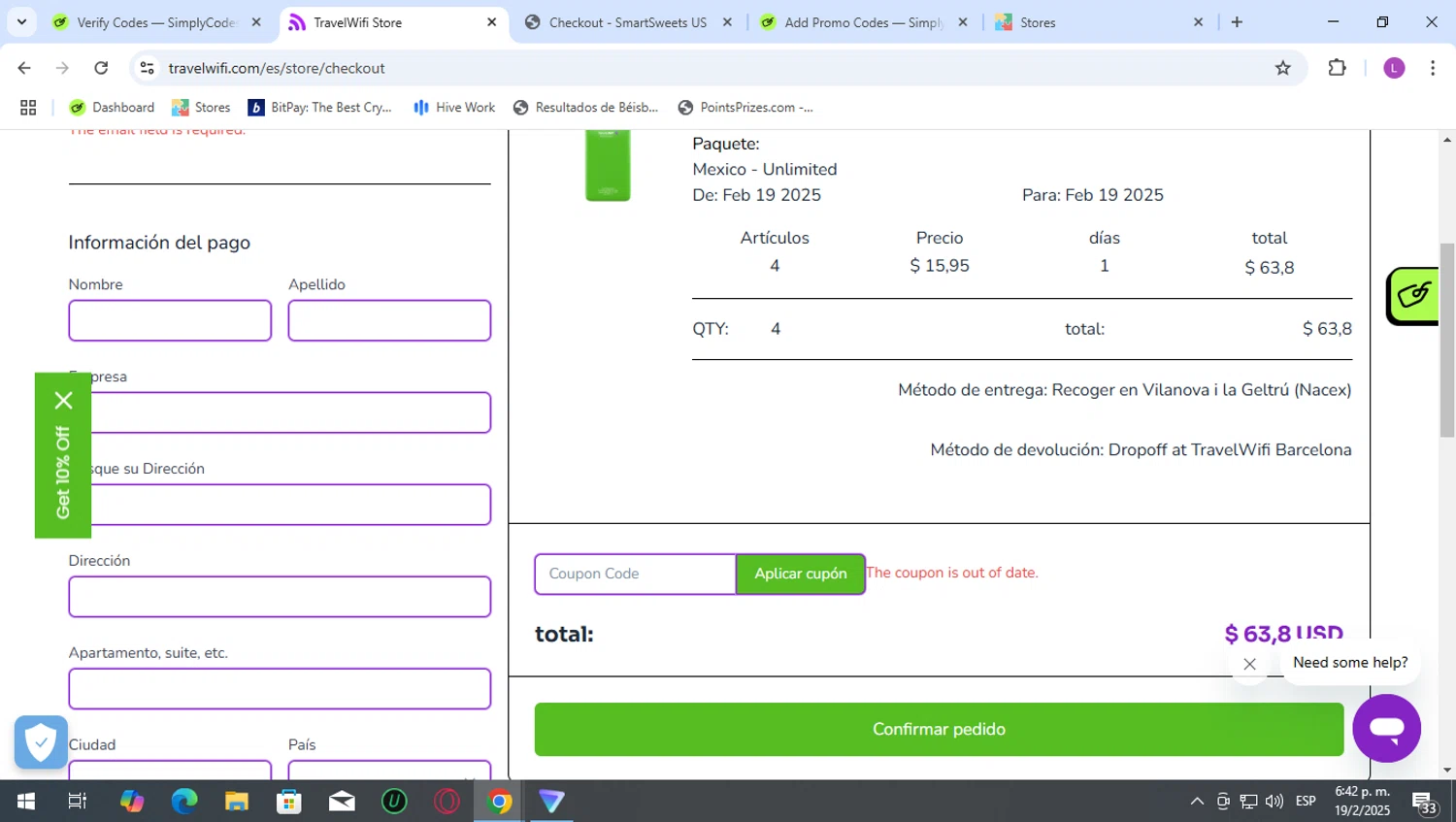 Travelwifi coupon code screenshot showing code UPREV applied at Travelwifi checkout page. Uploaded by SimplyCodes community member Gabrielromero23 on Feb 19, 2025