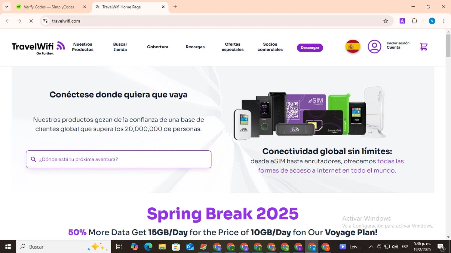 Travelwifi coupon code screenshot showing code UPREV applied at Travelwifi checkout page. Uploaded by SimplyCodes community member CoinHawk678 on Feb 19, 2025