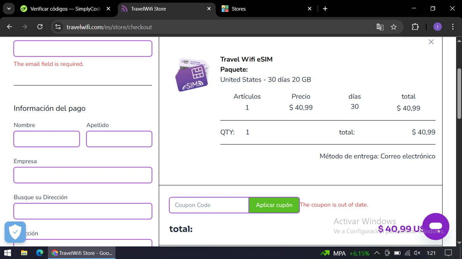Travelwifi coupon code screenshot showing code TRAVIMO applied at Travelwifi checkout page. Uploaded by SimplyCodes community member AGP44456545 on Jul 8, 2025