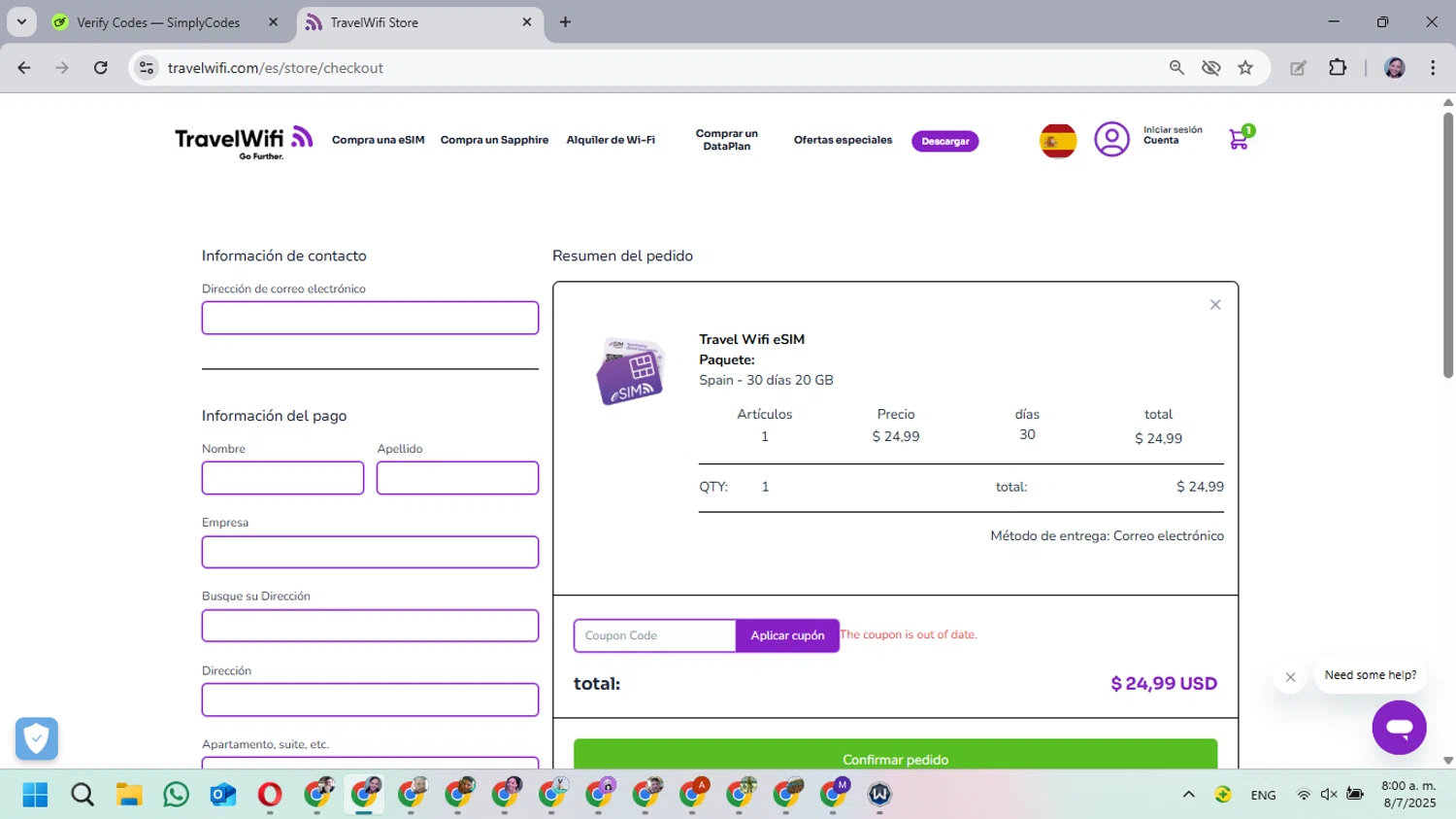 Travelwifi coupon code screenshot showing code TRAVIMO applied at Travelwifi checkout page. Uploaded by SimplyCodes community member MarielisPb on Jul 8, 2025