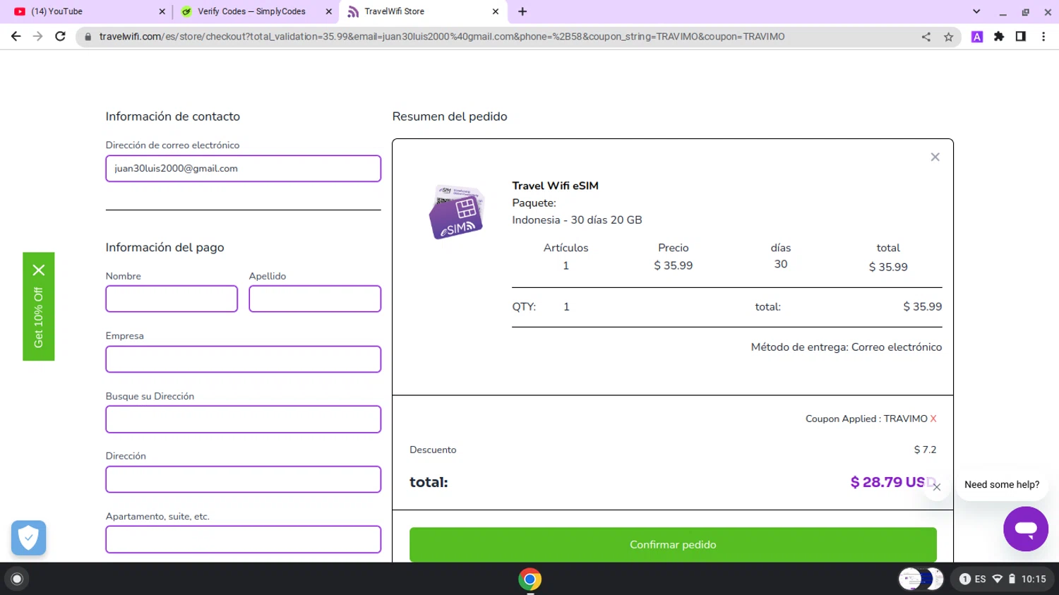 Travelwifi checkout page showing Travelwifi coupon code box | Screenshot taken by SimplyCodes community member on Apr 18, 2025