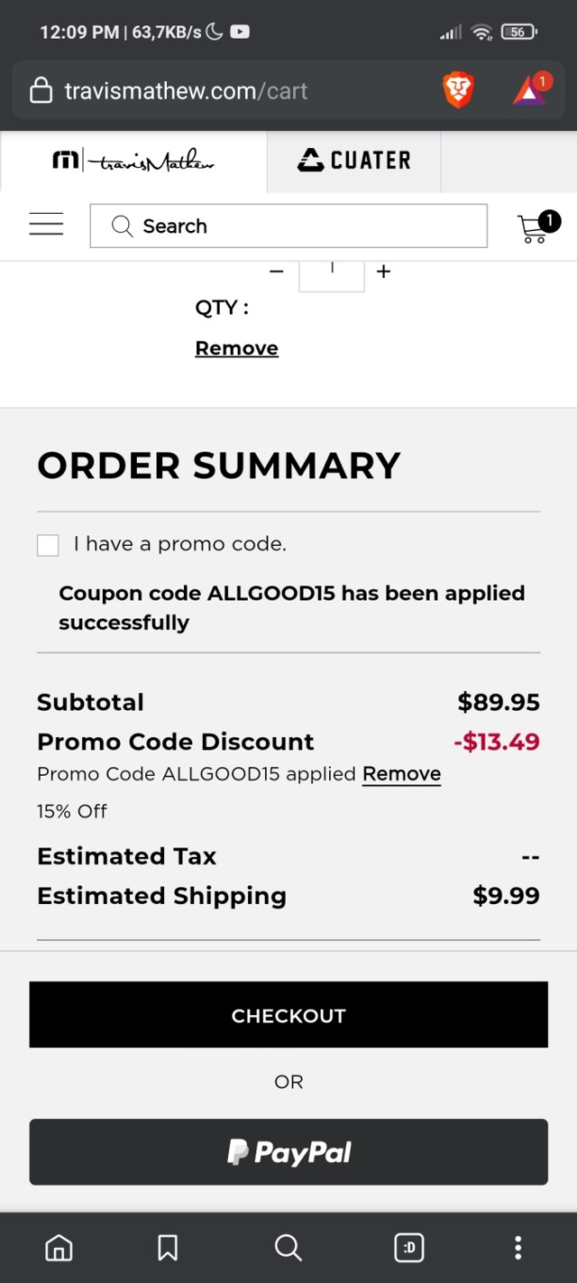 TravisMathew checkout page showing TravisMathew promo code box | Screenshot taken by SimplyCodes community member on Jul 19, 2021