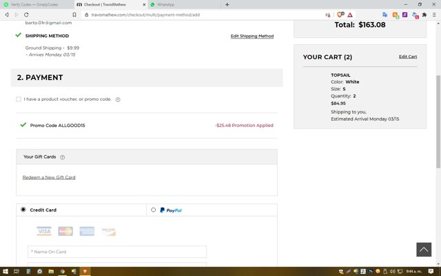 TravisMathew checkout page showing TravisMathew promo code box | Screenshot taken by SimplyCodes community member on Mar 8, 2021