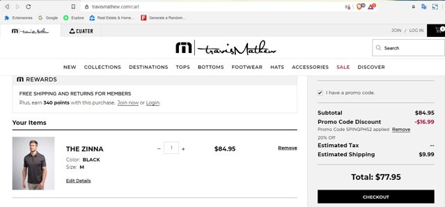 TravisMathew checkout page showing TravisMathew promo code box | Screenshot taken by SimplyCodes community member on Jul 23, 2020
