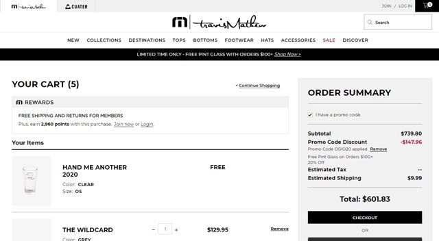 TravisMathew checkout page showing TravisMathew promo code box | Screenshot taken by SimplyCodes community member on Jul 11, 2020