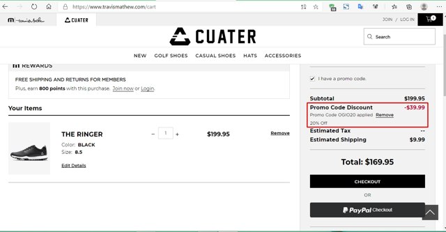 TravisMathew checkout page showing TravisMathew promo code box | Screenshot taken by SimplyCodes community member on Jul 19, 2020
