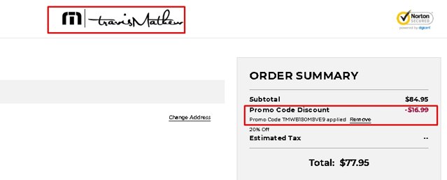 TravisMathew checkout page showing TravisMathew promo code box | Screenshot taken by SimplyCodes community member on Jul 19, 2020