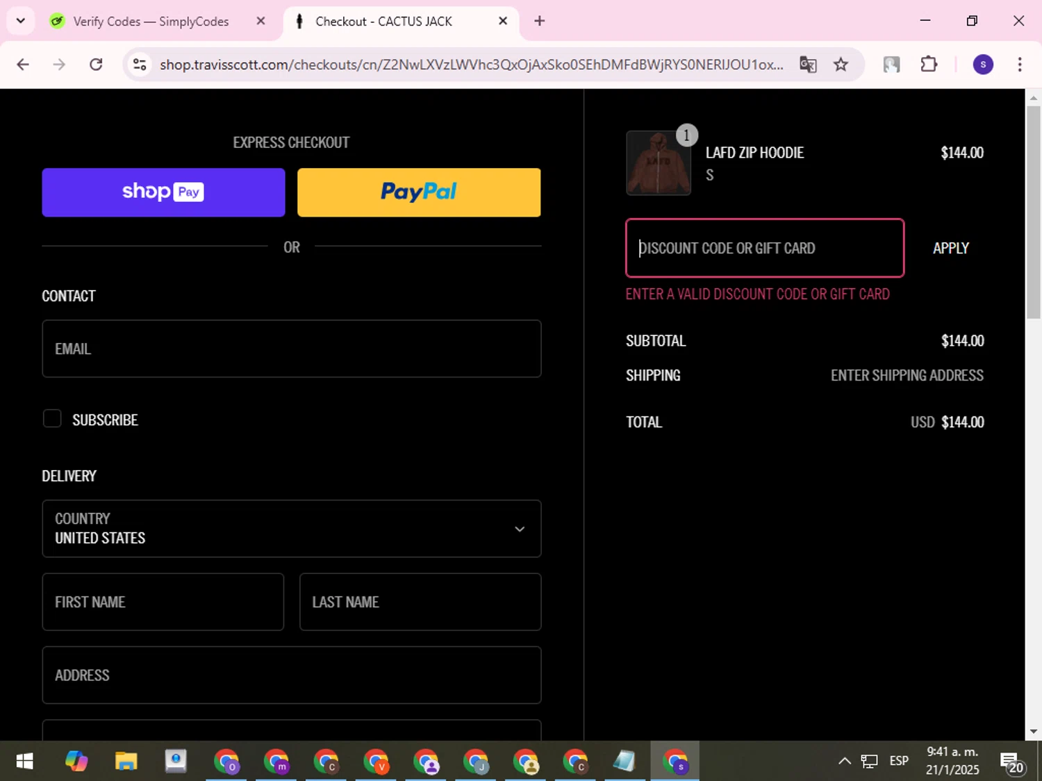 Travis Scott discount code screenshot showing code HAPPYDEAL applied at Travis Scott checkout page. Uploaded by SimplyCodes community member QuestCurator1644 on Jan 21, 2025