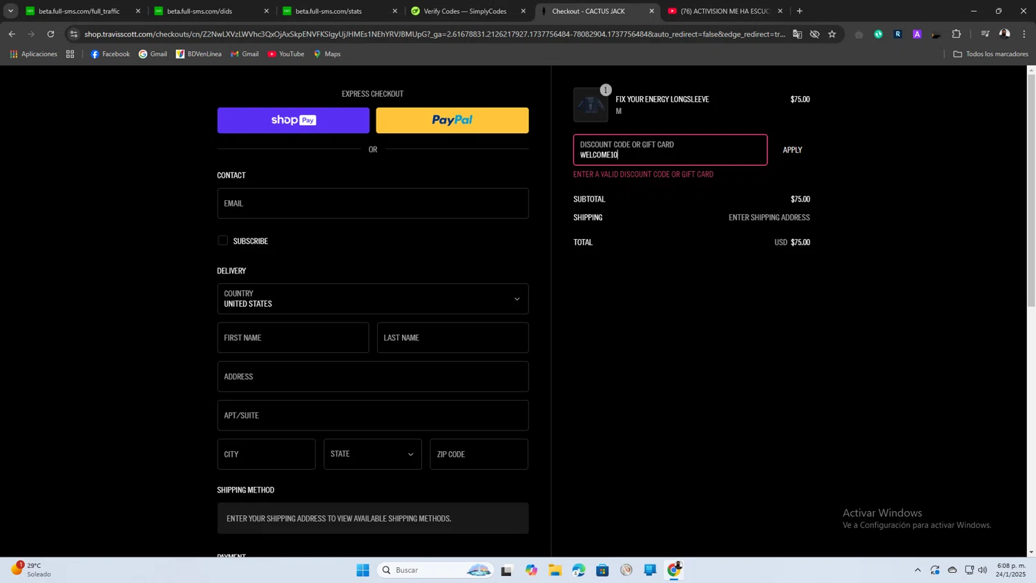 Travis Scott discount code screenshot showing code WELCOME10 applied at Travis Scott checkout page. Uploaded by SimplyCodes community member SaleScout3344 on Jan 24, 2025