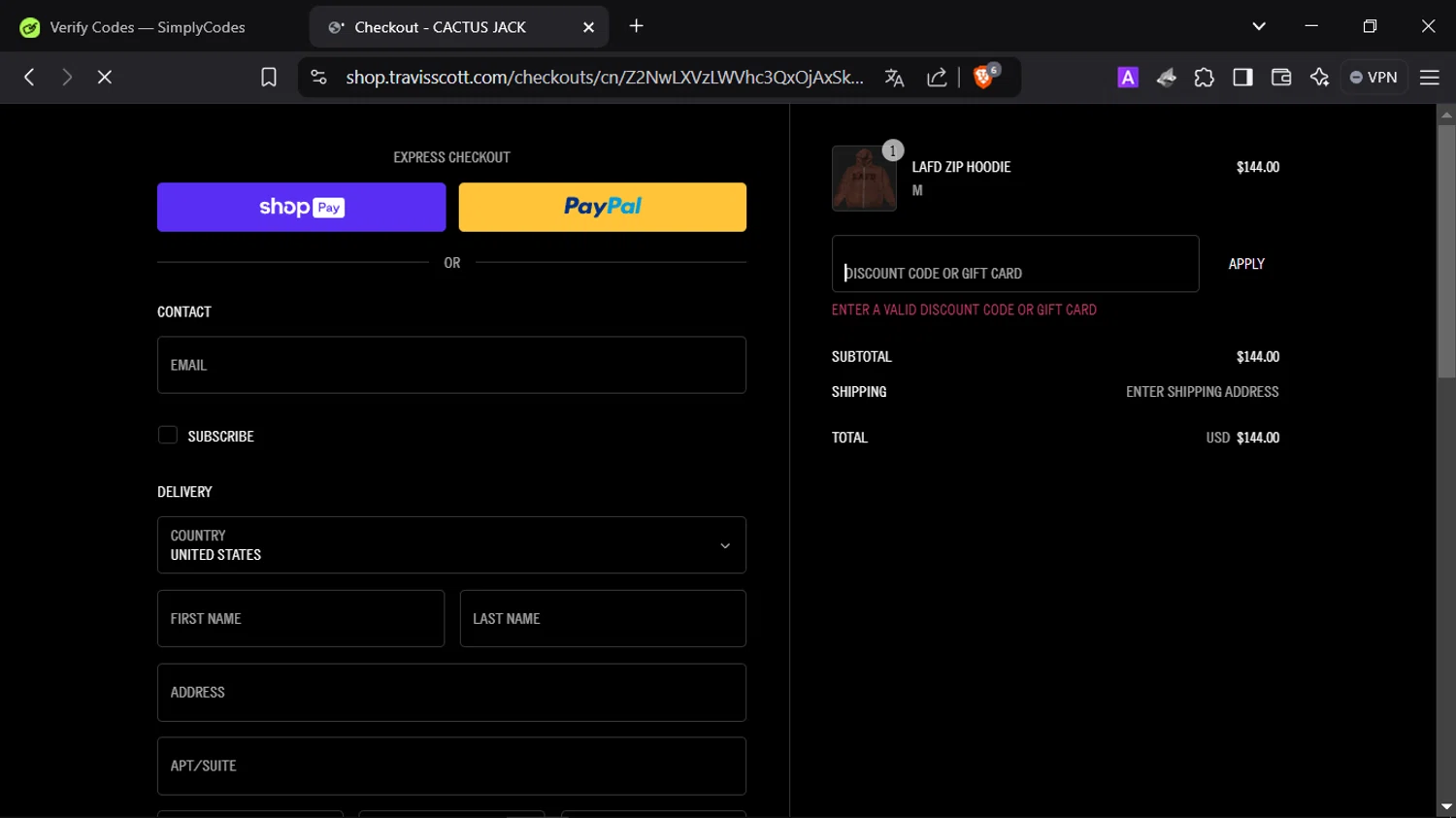 Travis Scott discount code screenshot showing code SAVE50 applied at Travis Scott checkout page. Uploaded by SimplyCodes community member SmartScholar9589 on Jan 21, 2025