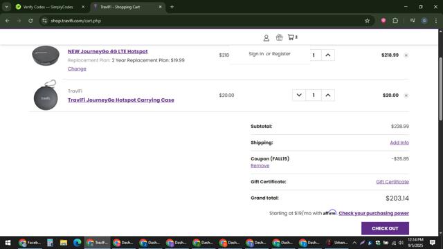 TravlFi checkout page showing TravlFi coupon code box | Screenshot taken by SimplyCodes community member on Sep 5, 2025