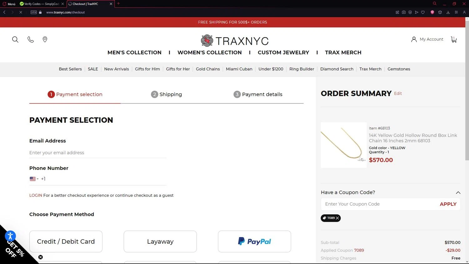 TraxNYC promo code screenshot showing code 7089 applied at TraxNYC checkout page. Uploaded by SimplyCodes community member CleverAdmiral2537 on Oct 18, 2025