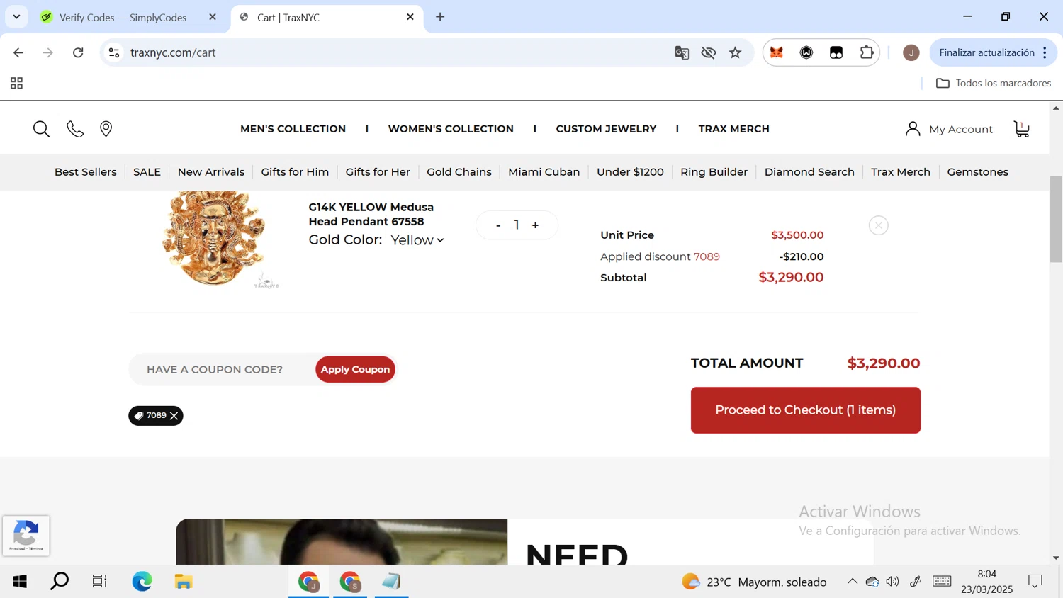 TraxNYC promo code screenshot showing code 7089 applied at TraxNYC checkout page. Uploaded by SimplyCodes community member RoyalAdmiral4824 on Mar 23, 2025