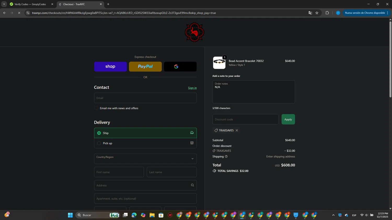 TraxNYC promo code screenshot showing code TRAXSAVE5 applied at TraxNYC checkout page. Uploaded by SimplyCodes community member CouponPhoenix3444 on Dec 7, 2025