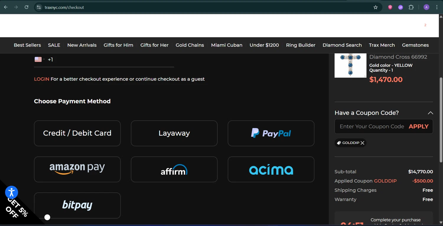 TraxNYC promo code screenshot showing code GOLDDIP applied at TraxNYC checkout page. Uploaded by SimplyCodes community member AGDR28 on Sep 23, 2025