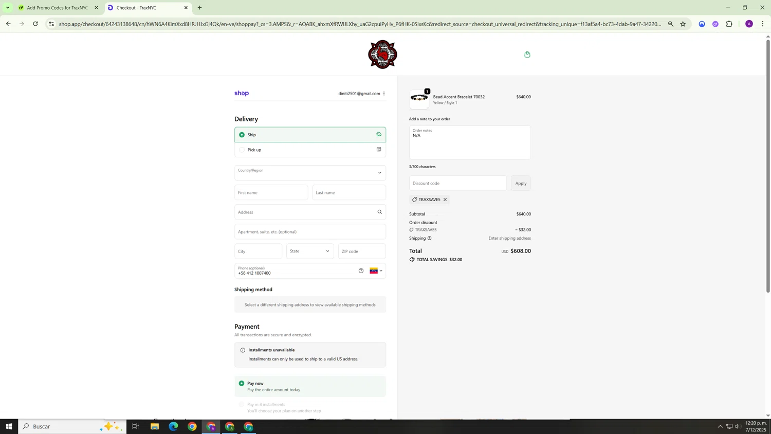 TraxNYC promo code screenshot showing code TRAXSAVE5 applied at TraxNYC checkout page. Uploaded by SimplyCodes community member Hasta_El_Final on Dec 7, 2025