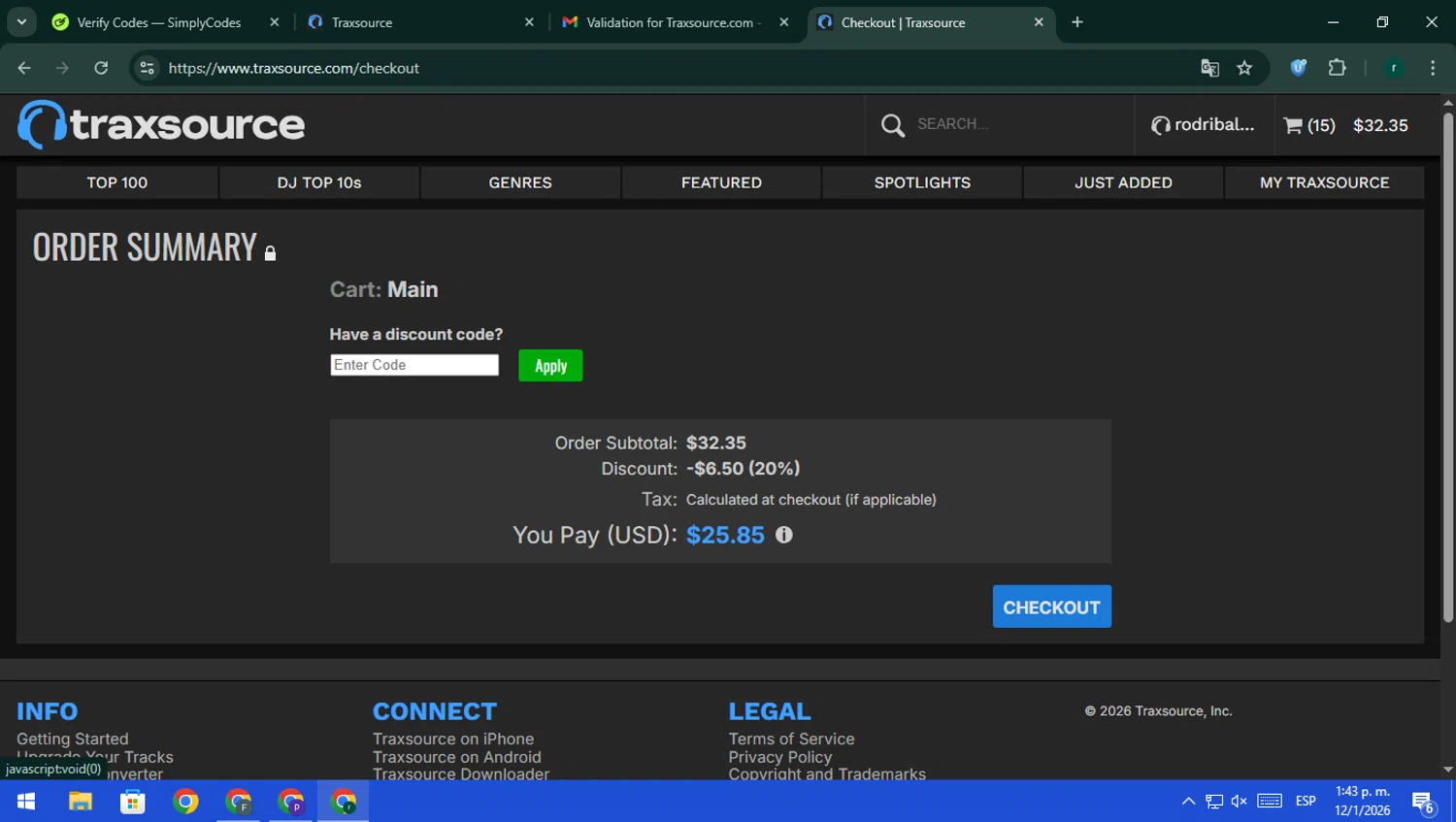 Traxsource checkout page showing Traxsource discount code box | Screenshot taken by SimplyCodes community member on Jan 12, 2026