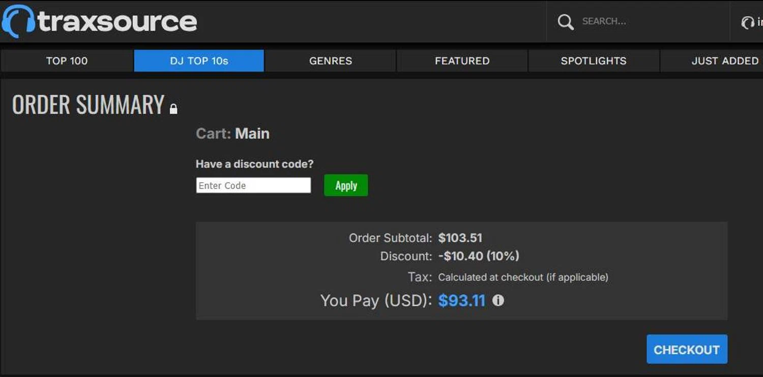 Traxsource discount code screenshot showing code ready10 applied at Traxsource checkout page. Uploaded by SimplyCodes community member stygian1 on Oct 15, 2025