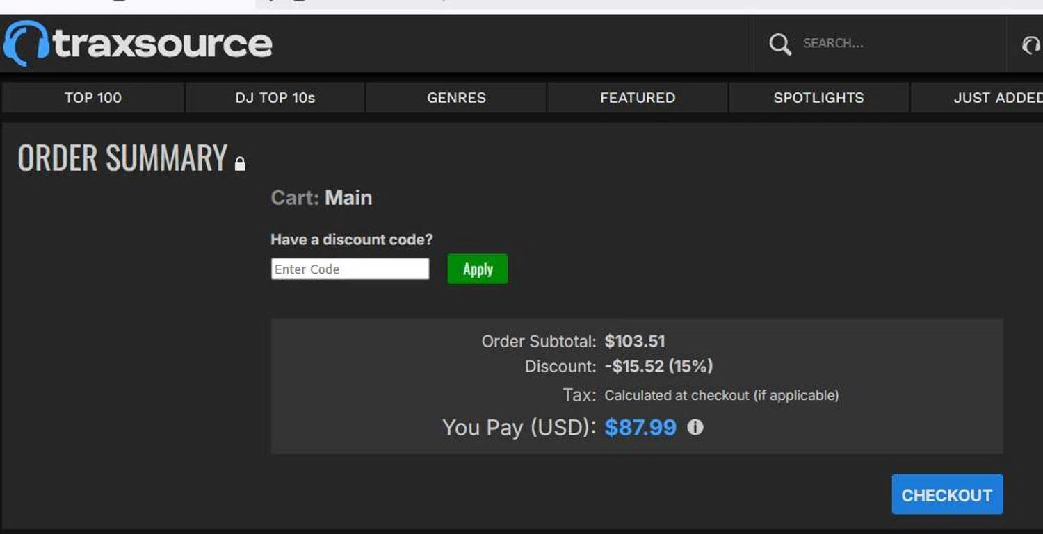 Traxsource discount code screenshot showing code ready15 applied at Traxsource checkout page. Uploaded by SimplyCodes community member stygian1 on Oct 15, 2025