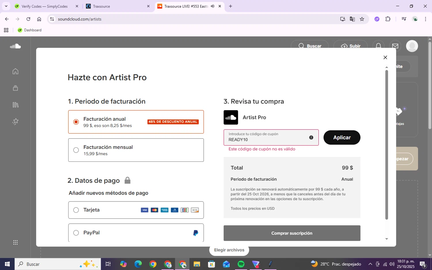 Traxsource discount code screenshot showing code READY10 applied at Traxsource checkout page. Uploaded by SimplyCodes community member Zenitsu2002 on Oct 26, 2025