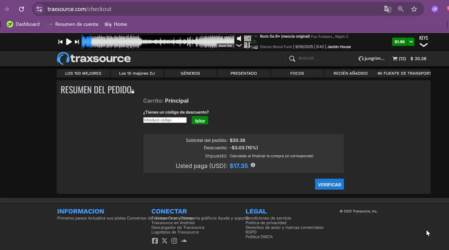 Traxsource discount code screenshot showing code READY15 applied at Traxsource checkout page. Uploaded by SimplyCodes community member jungrimar on Oct 15, 2025