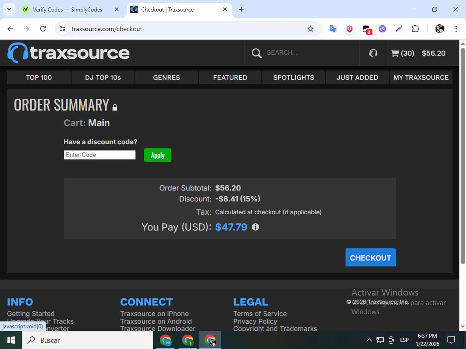 Traxsource checkout page showing Traxsource discount code box | Screenshot taken by SimplyCodes community member on Jan 22, 2026