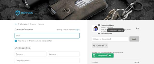 Trayvax checkout page showing Trayvax promo code box | Screenshot taken by SimplyCodes community member on Mar 23, 2021