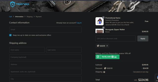 Trayvax checkout page showing Trayvax promo code box | Screenshot taken by SimplyCodes community member on Apr 12, 2021