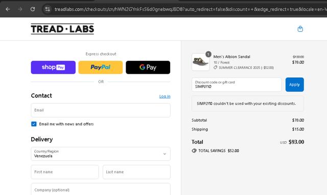 Tread Labs checkout page showing Tread Labs discount code box | Screenshot taken by SimplyCodes community member on Aug 27, 2025