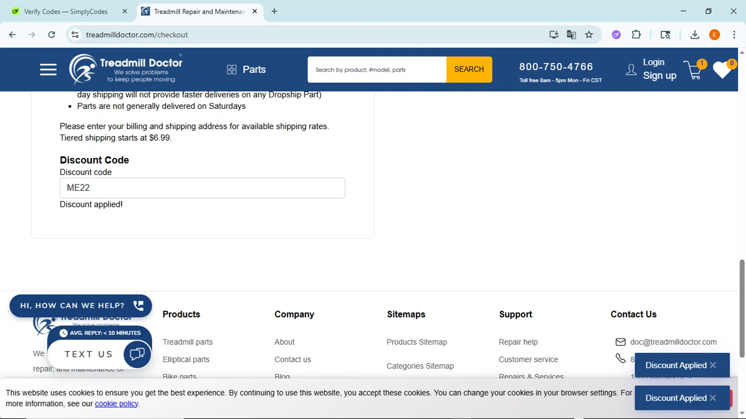 Treadmill Doctor discount code screenshot showing code ME22 applied at Treadmill Doctor checkout page. Uploaded by SimplyCodes community member BudgetFox5491 on Jun 24, 2025