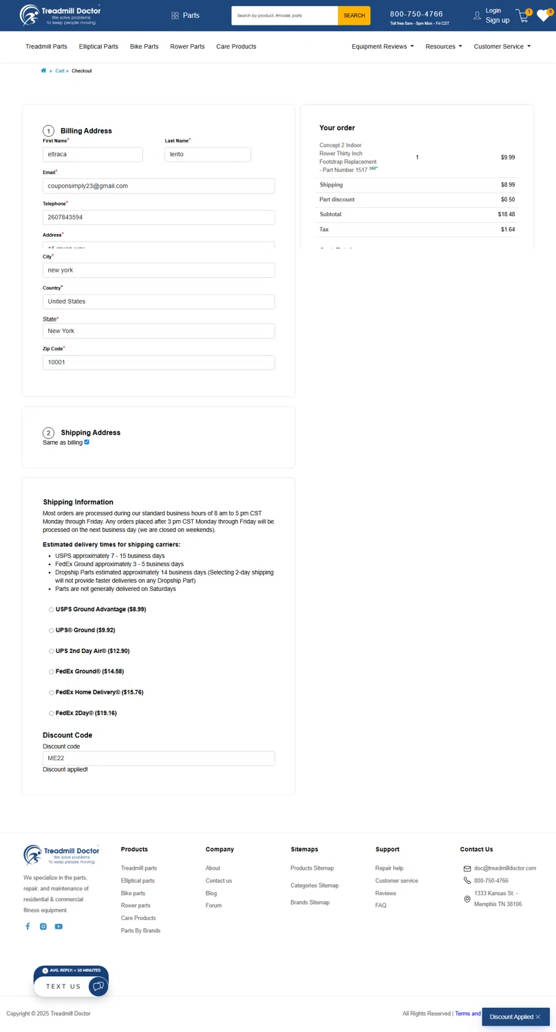 Treadmill Doctor discount code screenshot showing code ME22 applied at Treadmill Doctor checkout page. Uploaded by SimplyCodes community member Chrisyks on May 13, 2025