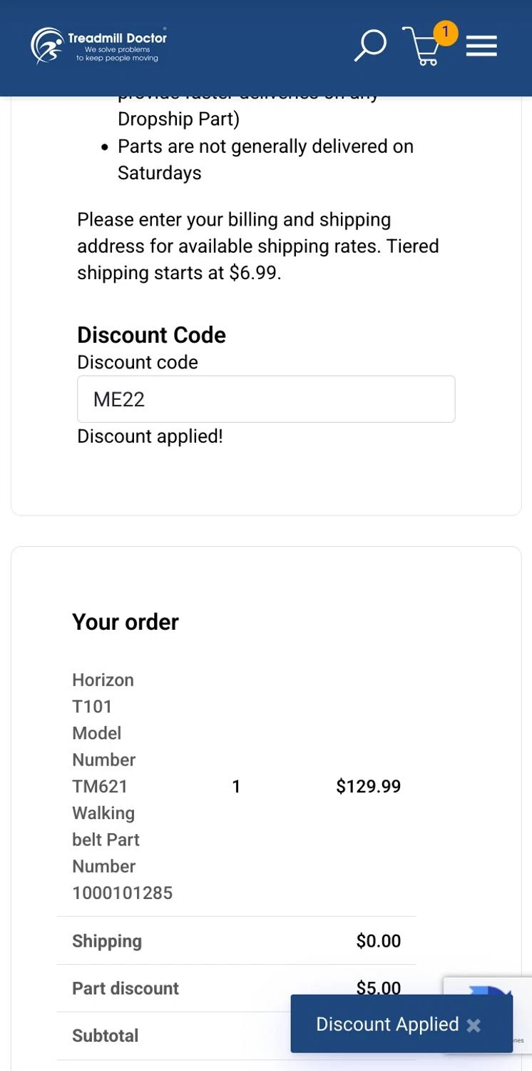 Treadmill Doctor discount code screenshot showing code ME22 applied at Treadmill Doctor checkout page. Uploaded by SimplyCodes community member JesusLand2004 on Jun 17, 2025