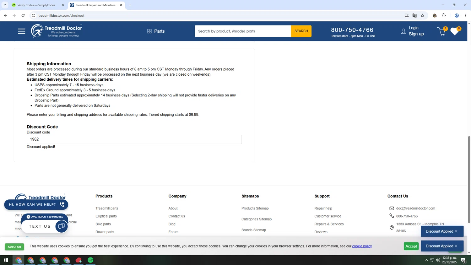 Treadmill Doctor discount code screenshot showing code 1982 applied at Treadmill Doctor checkout page. Uploaded by SimplyCodes community member INSECTOS on Oct 28, 2025