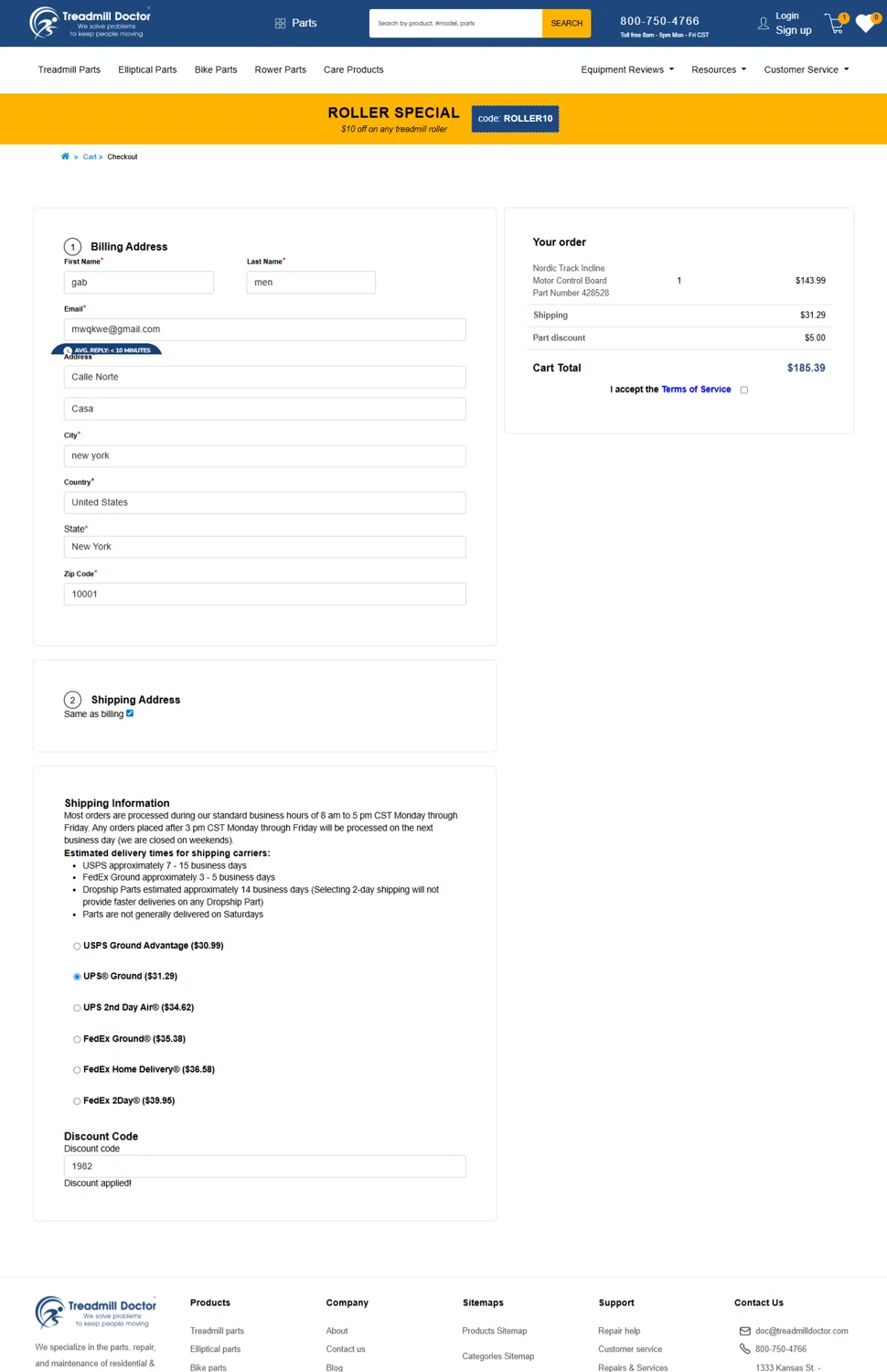 Treadmill Doctor discount code screenshot showing code 1982 applied at Treadmill Doctor checkout page. Uploaded by SimplyCodes community member Pabellonx on Sep 25, 2025