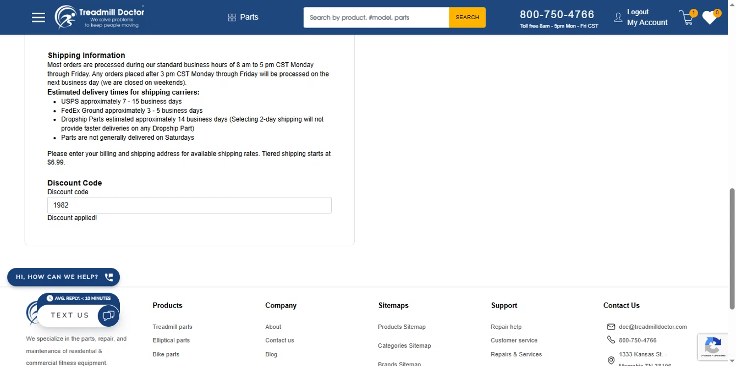 Treadmill Doctor discount code screenshot showing code 1982 applied at Treadmill Doctor checkout page. Uploaded by SimplyCodes community member renegul on Oct 10, 2025