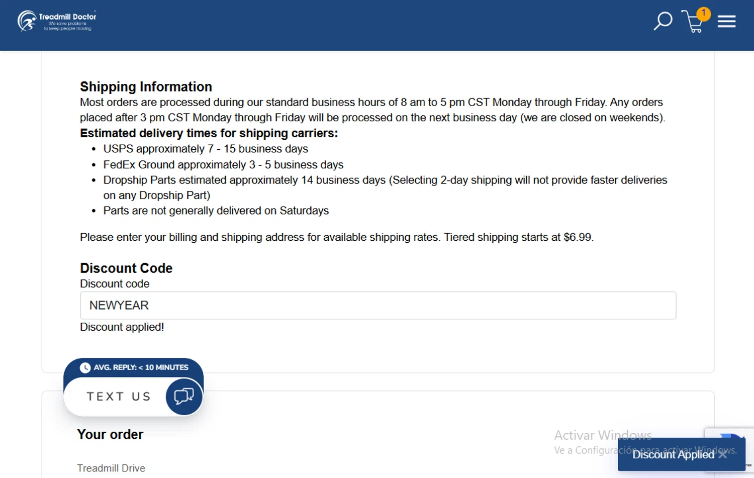 Treadmill Doctor discount code screenshot showing code NEWYEAR applied at Treadmill Doctor checkout page. Uploaded by SimplyCodes community member Gary_23 on Sep 29, 2025