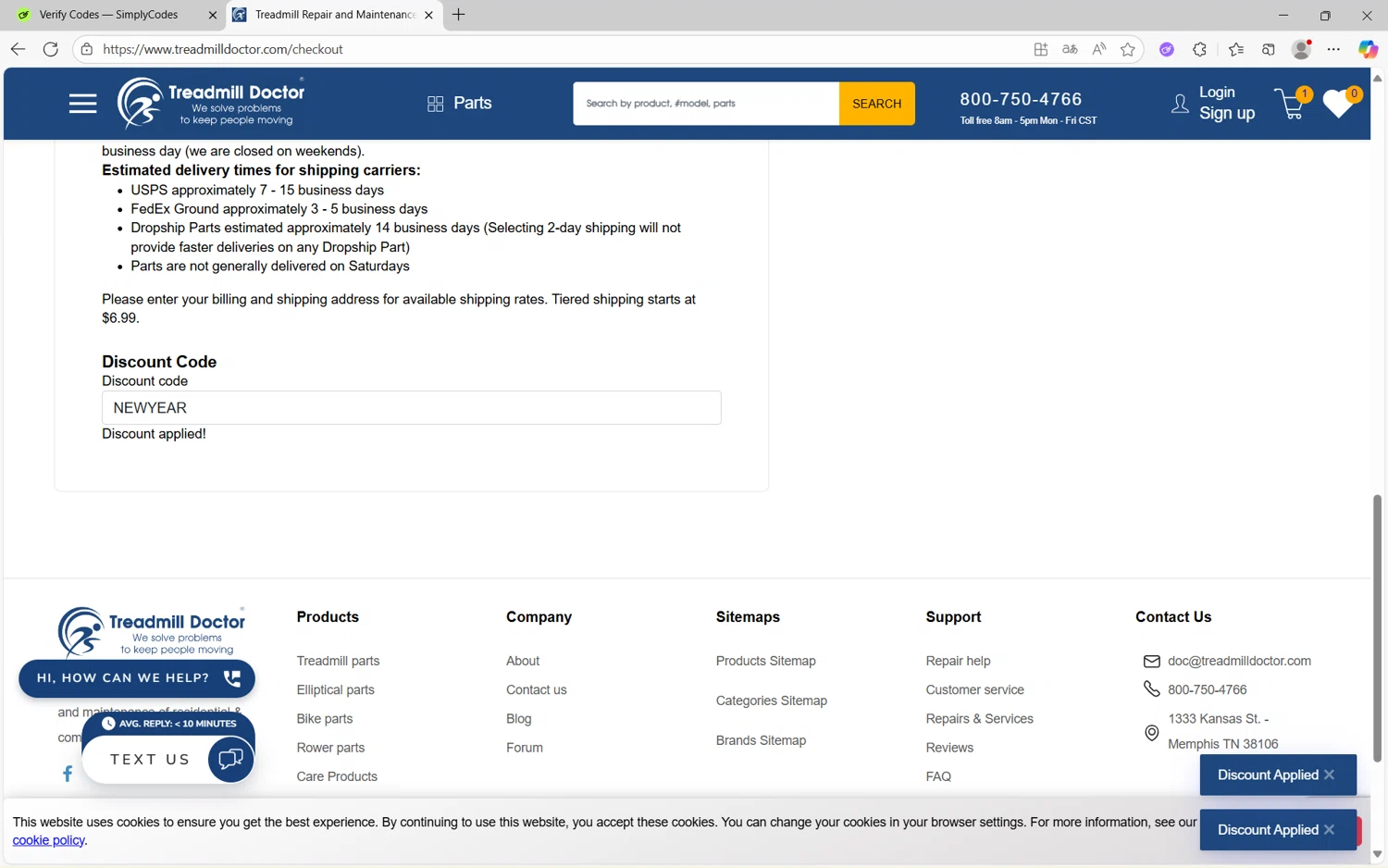 Treadmill Doctor discount code screenshot showing code NEWYEAR applied at Treadmill Doctor checkout page. Uploaded by SimplyCodes community member juan1702 on Oct 17, 2025
