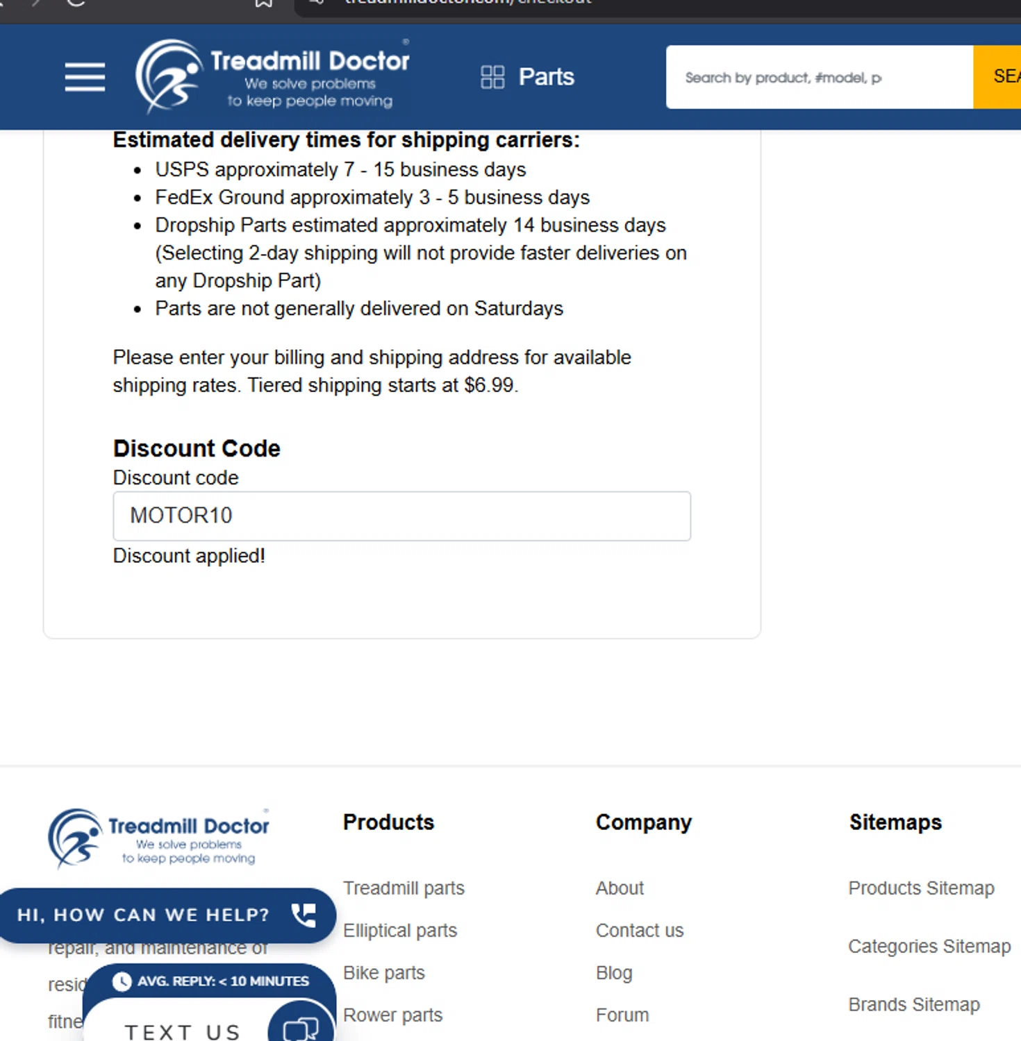 Treadmill Doctor discount code screenshot showing code MOTOR10 applied at Treadmill Doctor checkout page. Uploaded by SimplyCodes community member Dejadepicharme on Nov 8, 2025