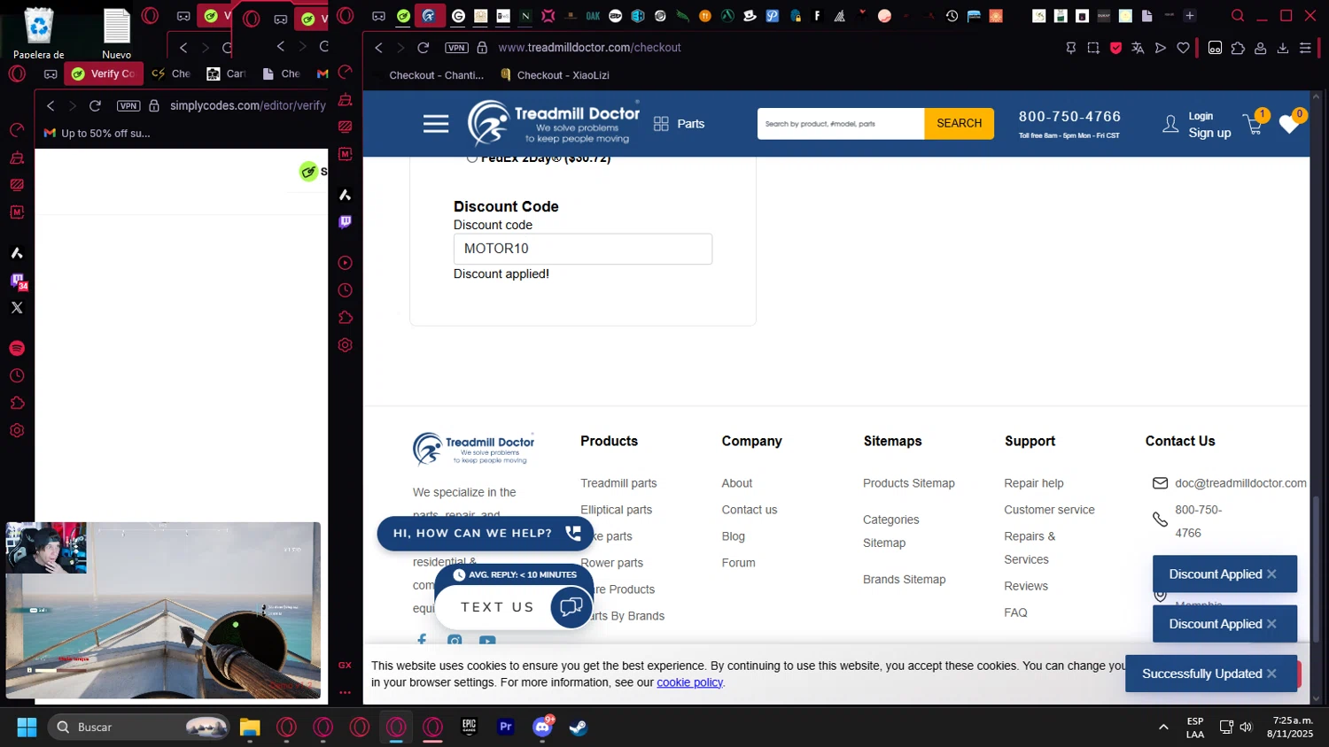 Treadmill Doctor discount code screenshot showing code MOTOR10 applied at Treadmill Doctor checkout page. Uploaded by SimplyCodes community member Halanweik on Nov 8, 2025